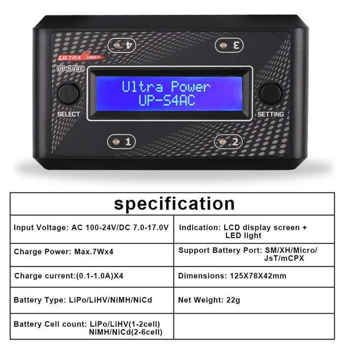 Cargador inteligente Ultra Power UP-S4AC para 1-2s LiPo/LiHV