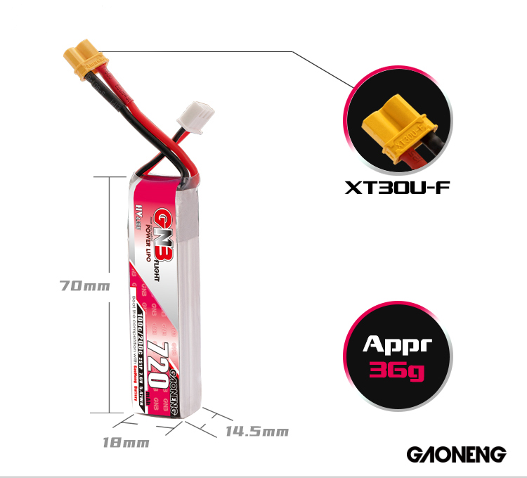 GAONENG GNB 7.6V 720mAh 100C 2S LiPo Batería XT30 Plug para FPV Racing Drone (paquete de 2)