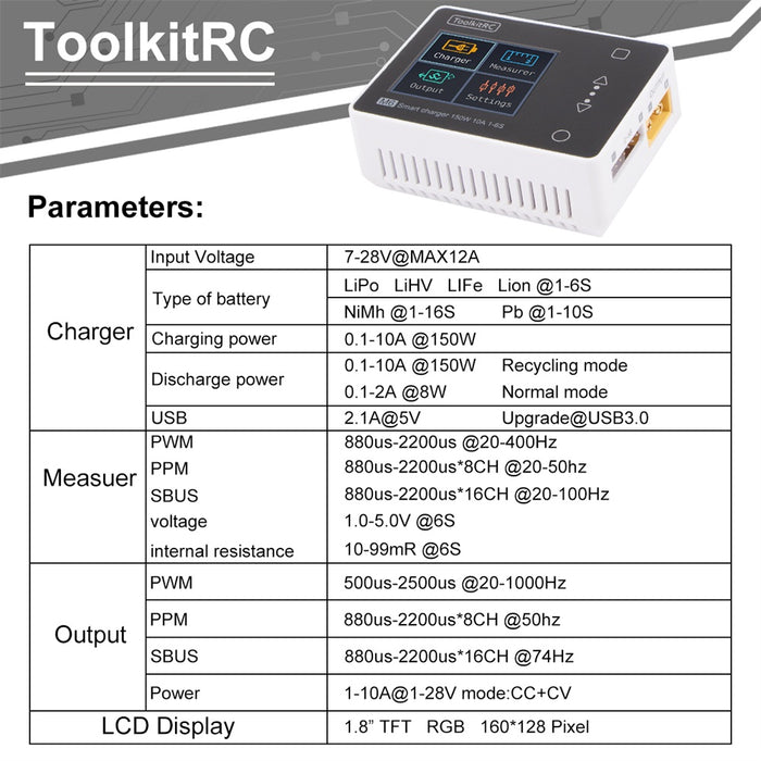 ToolkitRC M6 DC 150W 10A LCD 2-6S Lipo Battery Smart Balance Charger Discharger With Voltage Servo Checker Receiver Signal Tester Quick Charger Function