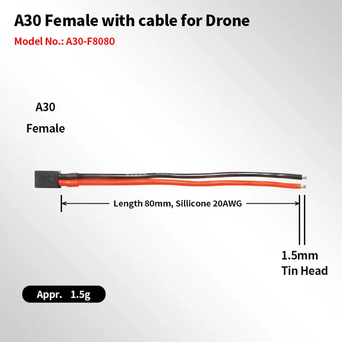 GAONENG/GNB A30 Female with 80mm 20AWG Pigtail Cable for Drone(Pack of 10)