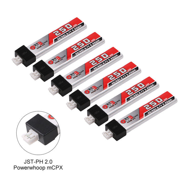 6pcs GNB 250mAh 1S LiPo Battery 3.7V 30C Tiny Whoop LiPo Battery for JST-PH 2.0 Powerwhoop mCPX Connector Micro FPV Drone