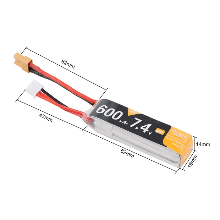 Crazepony 7.4V 600mAh 2S LiPo Battery 50C/100C XT30 Plug for Micro FPV Racing Drone Quadcopter (Pack of 2)