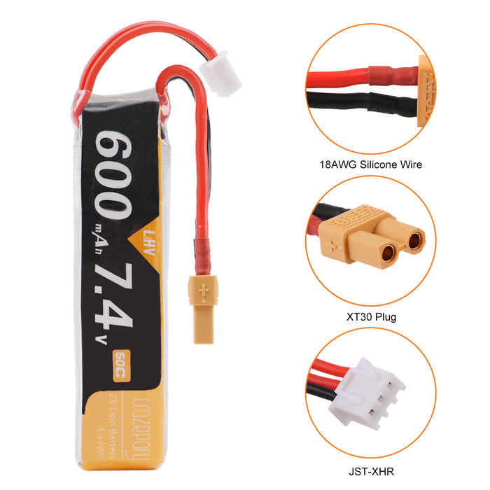 Crazepony 7.4V 600mAh 2S LiPo Battery 50C/100C XT30 Plug for Micro FPV Racing Drone Quadcopter (Pack of 2)