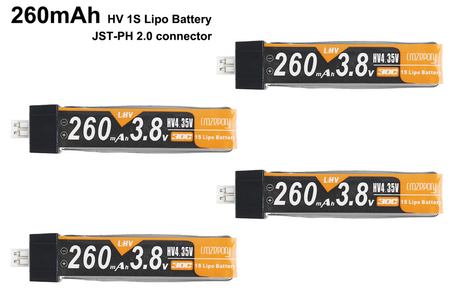Crazepony 4pcs 260mAh HV 1S LiPo Battery 30C 3.8V for Tiny Whoop Blade Inductrix JST-PH 2.0