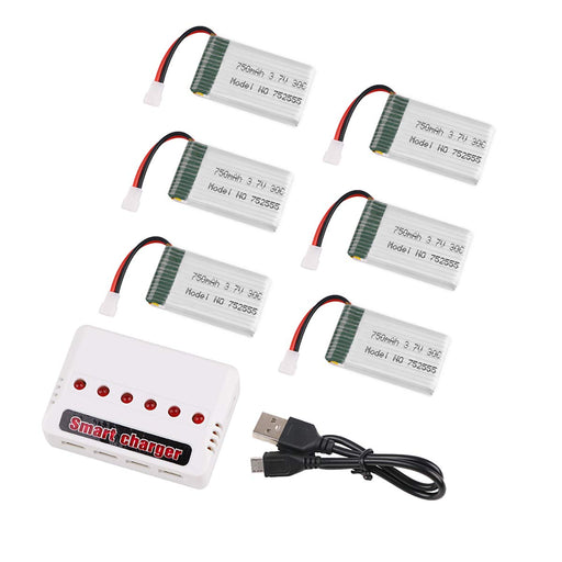 Crazopony 6pcs 1S 3.7V 750mAh Lipo Battery 30C with 6-in-1 Charger Intelligent Fast Charging