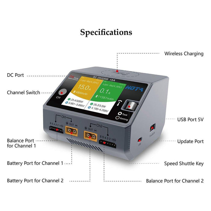 HOTA D6 Dual LiPo Battery Balance Charger 2*325W 15A 1-6S DC Smart Charger - Makerfire