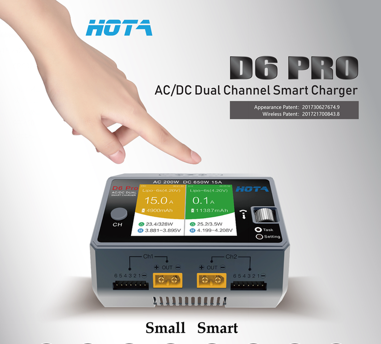 HOTA D6 PRO LiPo Cargador de equilibrio de batería, AC 200W / DC 650W 15A Dual RC Cargador / descargador de equilibrio inteligente