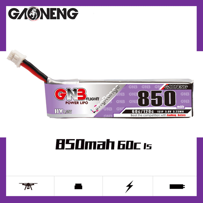 Gaoneng/GNB 3.8V 850mAh 60C 1S HV 4.35V Batería LiPo PH2.0 Enchufe (paquete de 2)