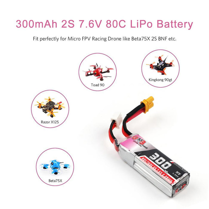 2pcs GNB 300mAh 2S 80C/160C 7.6V LiPo Battery HV LiHV Battery with XT30 Plug