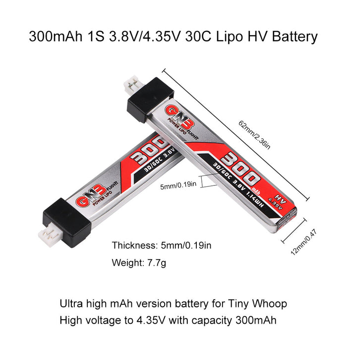 GNB 6pcs 300mAh 30C 1S LiPo Battery 3.8V/4.35V LiHv Battery with JST-PH 2.0 Connector 