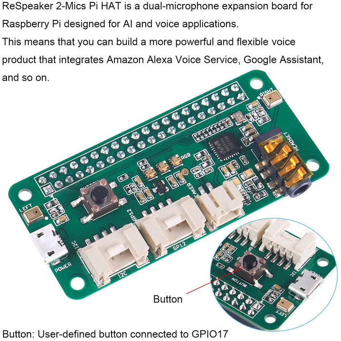 ReSpeaker 2-Mics Pi HAT(Raspberry Pi HAT,Raspberry Pi Expansion Board) Smart Voice Dual Microphone Expansion Board Base on wm8960, Designed for AI and Voice Applications