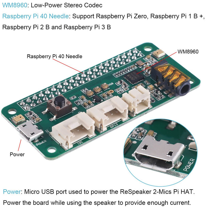 ReSpeaker 2-Mics Pi HAT(Raspberry Pi HAT,Raspberry Pi Expansion Board) Smart Voice Dual Microphone Expansion Board Base on wm8960, Designed for AI and Voice Applications