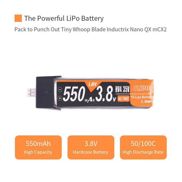 Crazepony 4pcs 550mAh 1S HV 3.8V LiPo Battery 50C JST-PH 2.0 PowerWhoop mCPX Connector