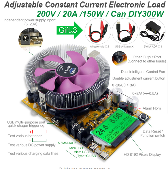 USB Load Tester 150W 200V 20A Resistor Adjustable Constant Current Electronic Load Tester