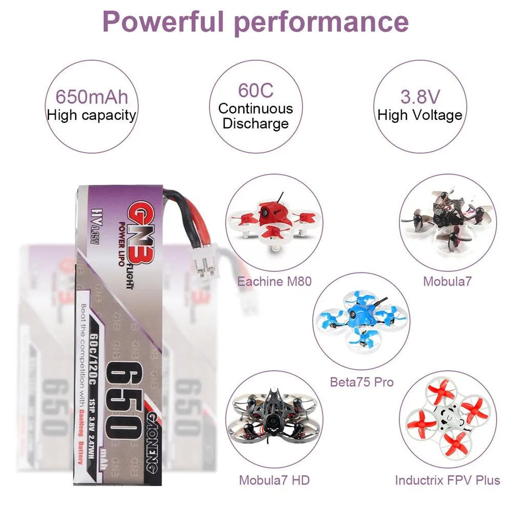 GNB 4pcs 650mAh 1S 3.8V HV LiPo Battery 60C with JST-PH 2.0 PowerWhoop mCPX Connector for FPV Drone