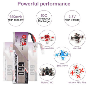 GNB 4pcs 650mAh 1S 3.8V HV LiPo Battery 60C with JST-PH 2.0 PowerWhoop mCPX Connector for FPV Drone