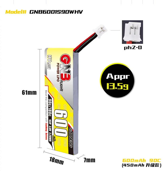 GNB/GAONENG 600mah 3.8V 1S 90C Lipo Battery PH2.0 Connecter(Pack of 6) - Makerfire