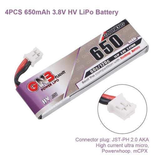 GNB 4pcs 650mAh 1S 3.8V HV LiPo Battery 60C with JST-PH 2.0 PowerWhoop mCPX Connector for FPV Drone